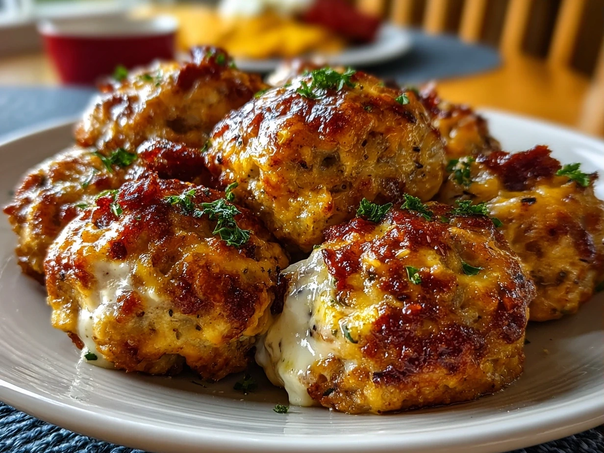 Plate of golden baked Cream Cheese Sausage Balls