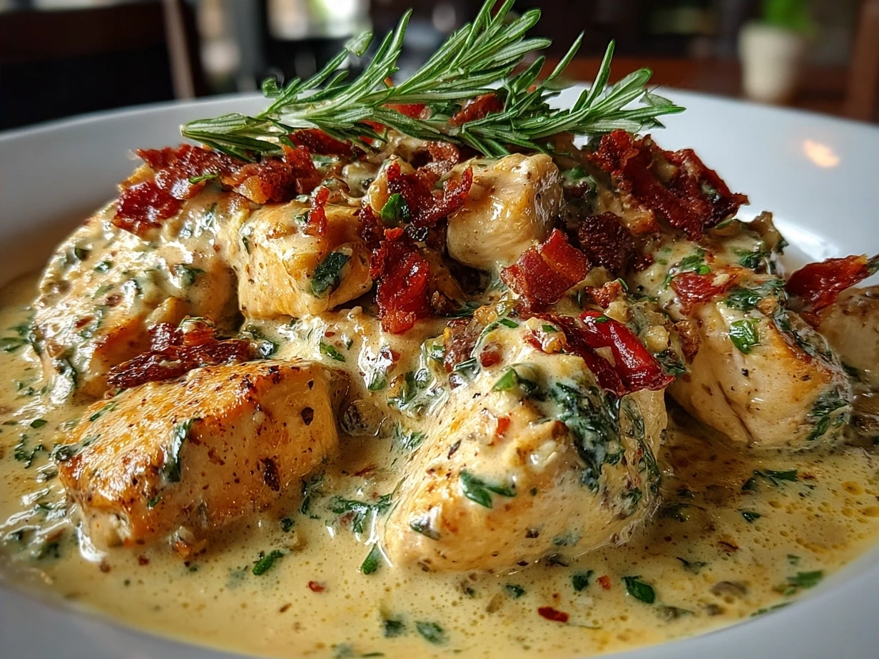 Finished Creamy Tuscan Chicken plated with creamy sauce, spinach, sun-dried tomatoes, and basil garnish
