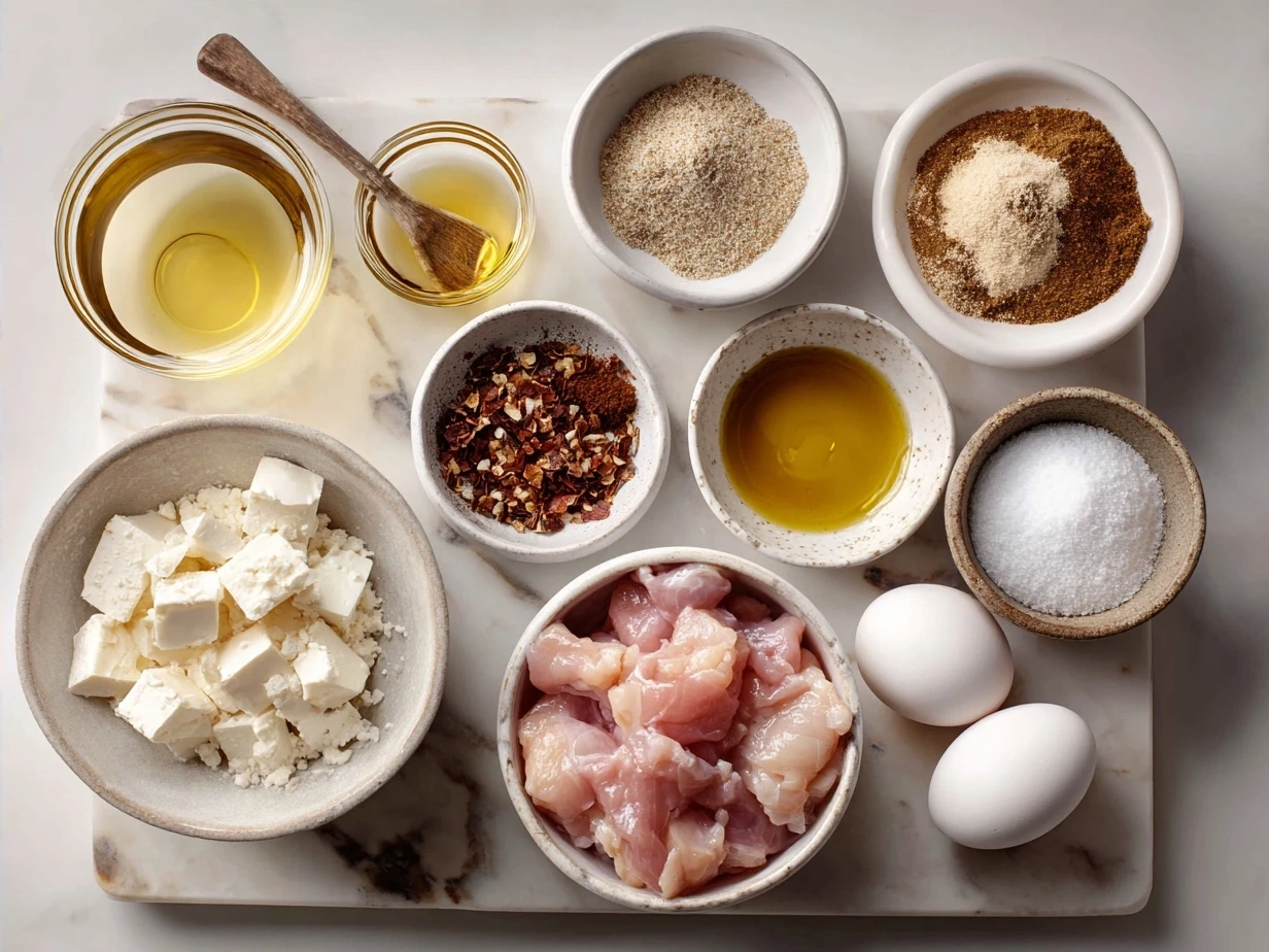 Ingredients laid out for Creamy Tuscan Chicken including chicken breasts, garlic, cherry tomatoes, spinach, sun-dried tomatoes, heavy cream, Parmesan, and olive oil