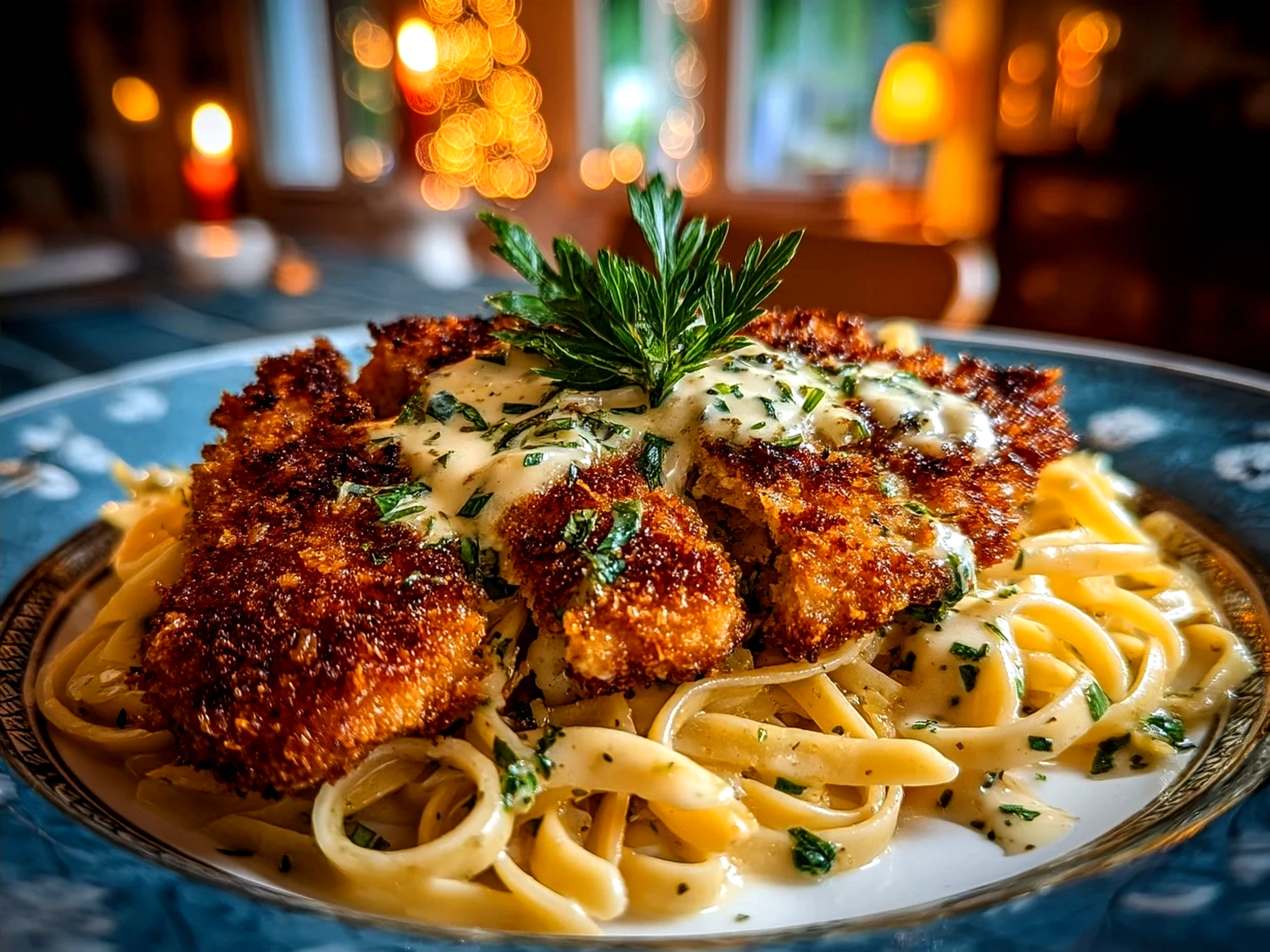 Plated crispy chicken schnitzel Alfredo with golden breaded chicken strips on creamy Alfredo fettuccine garnished with fresh parsley