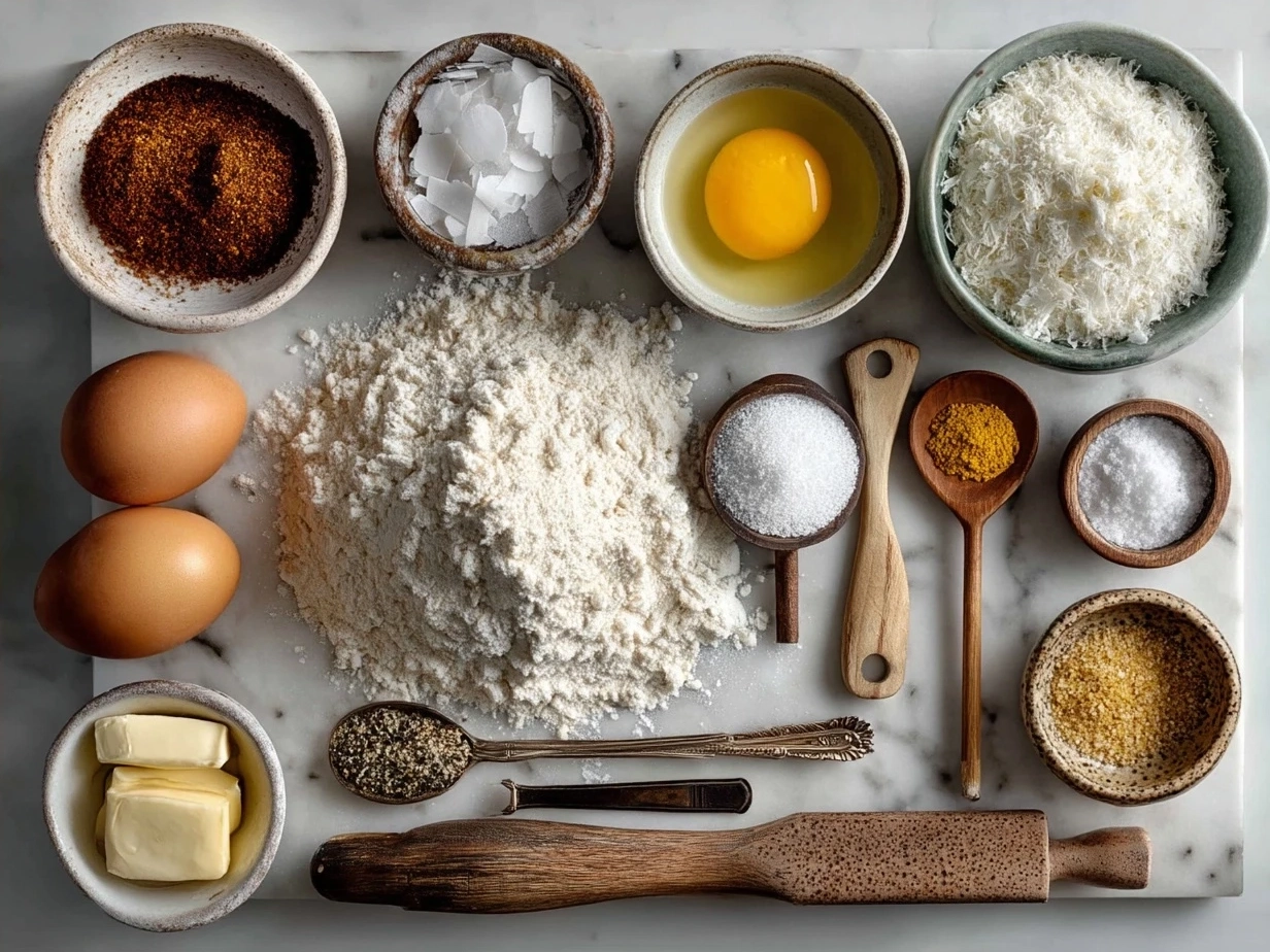 Ingredients for crispy chicken schnitzel Alfredo laid out including chicken breasts, flour, eggs, panko breadcrumbs, Parmesan cheese, pasta, garlic, butter, heavy cream, and parsley