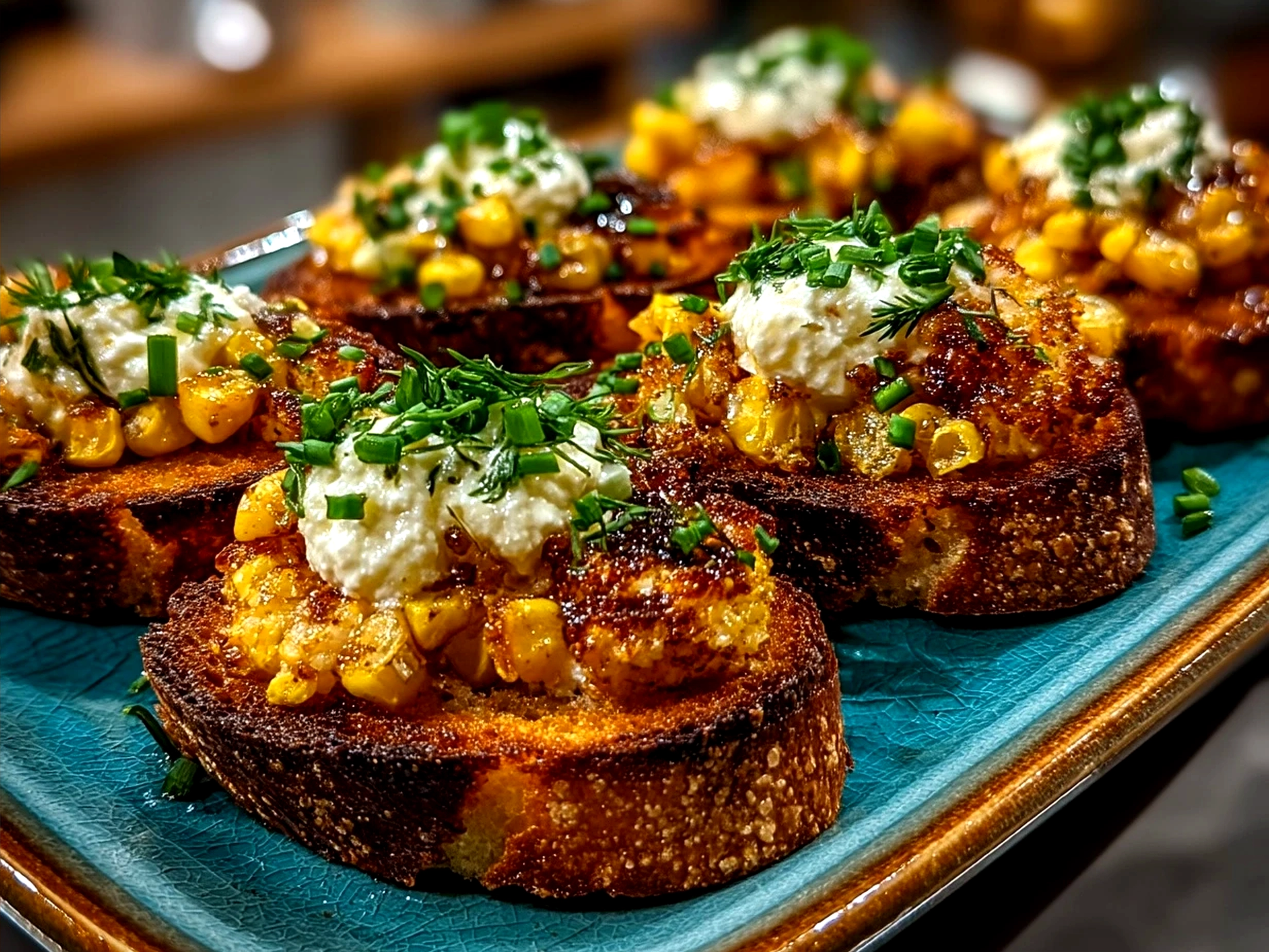 Crispy Corn Toast Bites served on a wooden board with fresh herbs