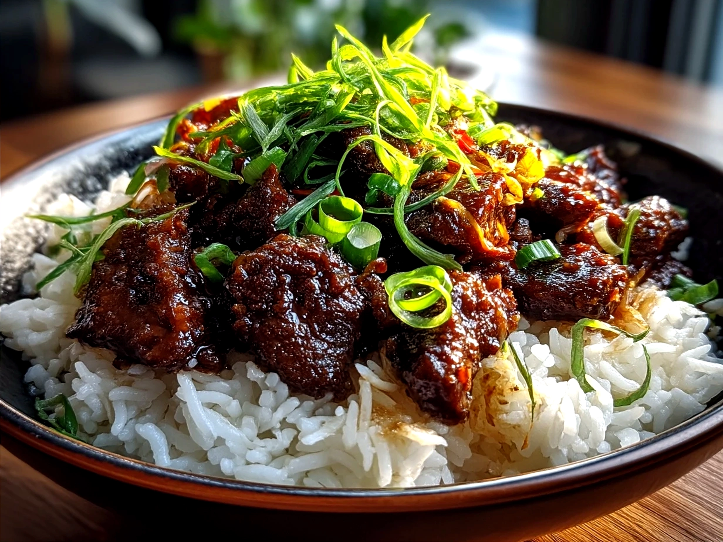 Served Crispy Peking Beef Bowl garnished with green onions and sesame seeds