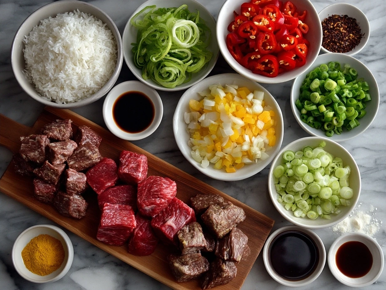 Ingredients for Crispy Peking Beef Bowl arranged neatly
