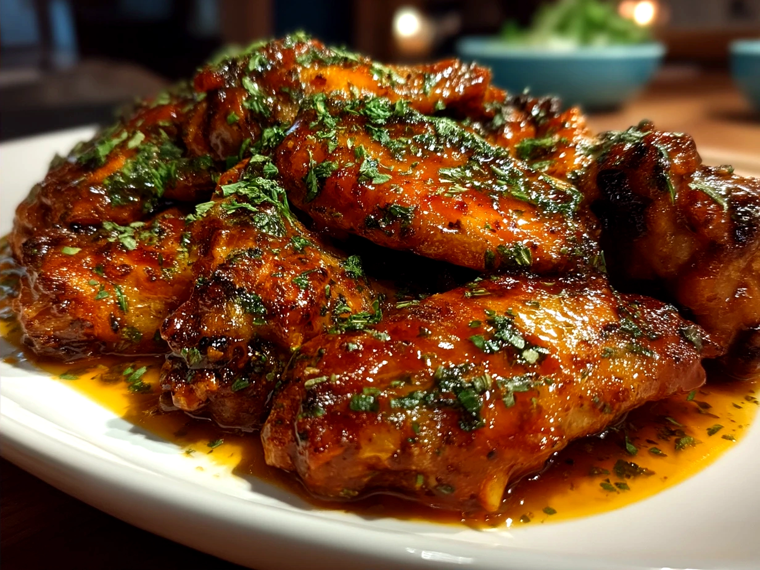 Serving platter of Crockpot Buffalo Wings with celery sticks and dipping sauces
