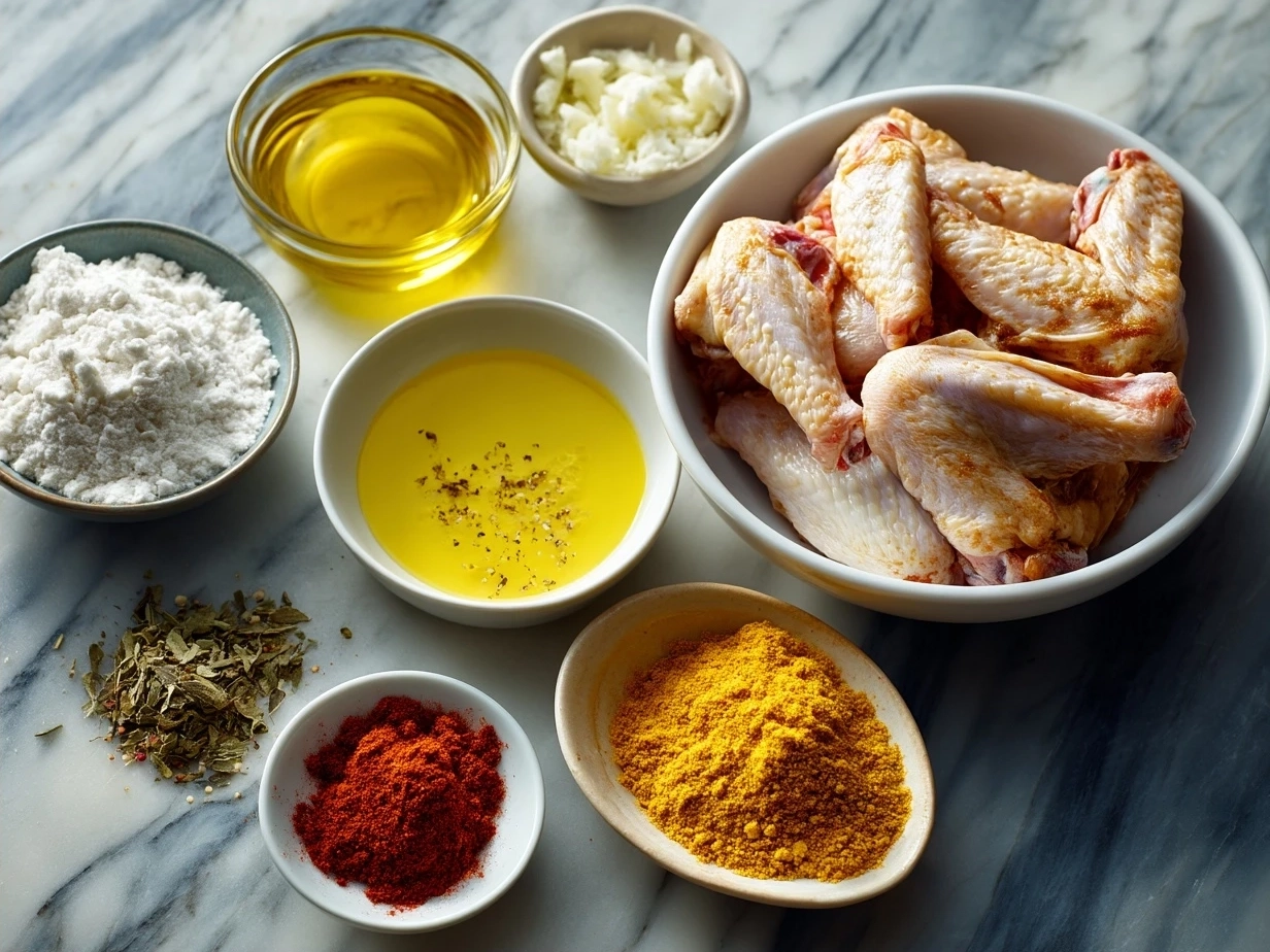 Ingredients for Crockpot Buffalo Wings including chicken wings, hot sauce, butter, garlic powder, and spices