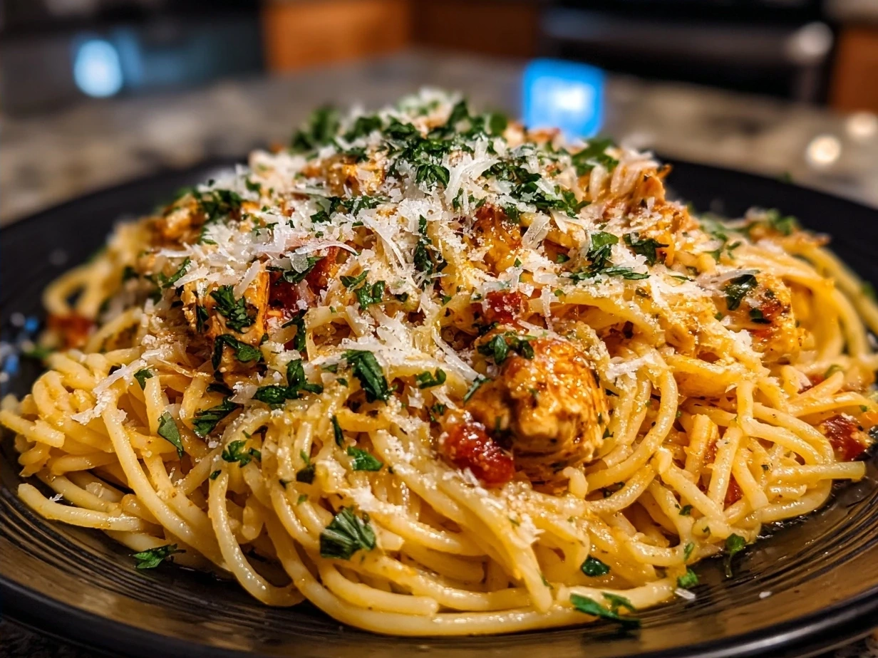 Creamy Crockpot Chicken Spaghetti served on a plate garnished with fresh parsley