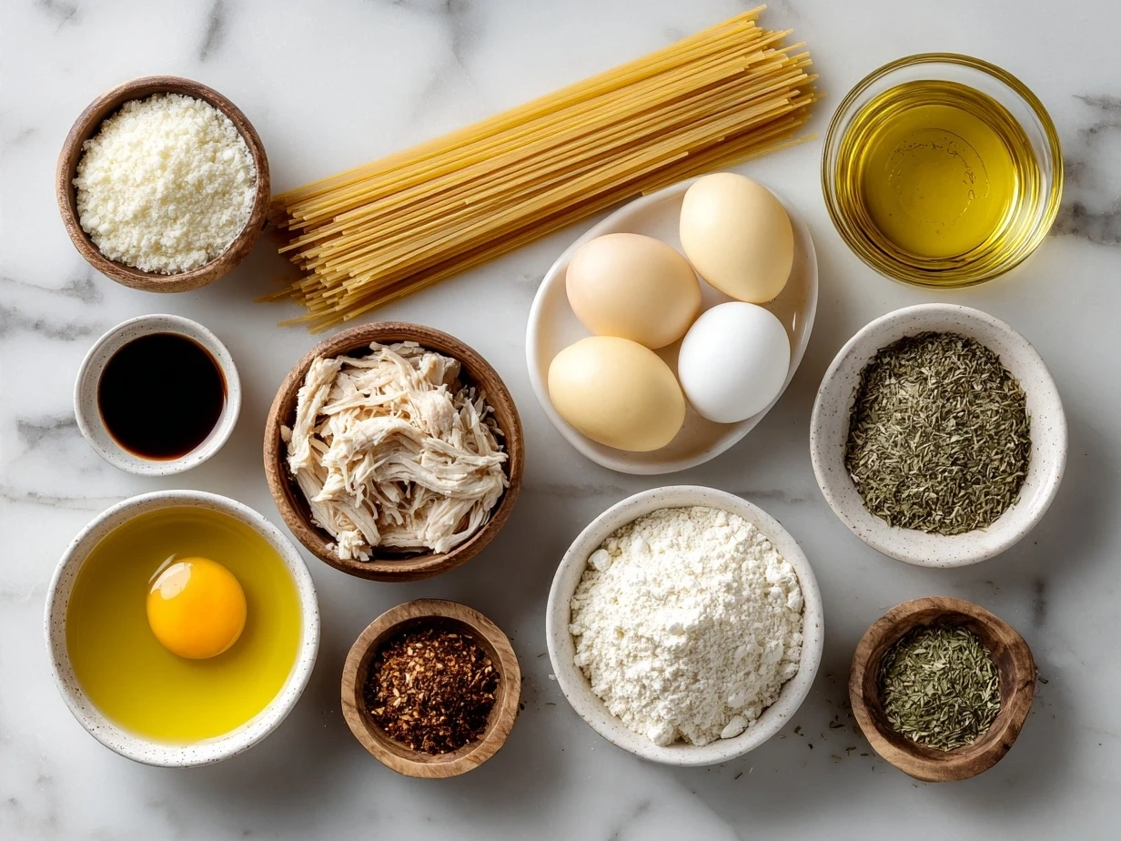 Ingredients for Crockpot Chicken Spaghetti including cooked chicken, spaghetti, cheese, sour cream, onions, and spices