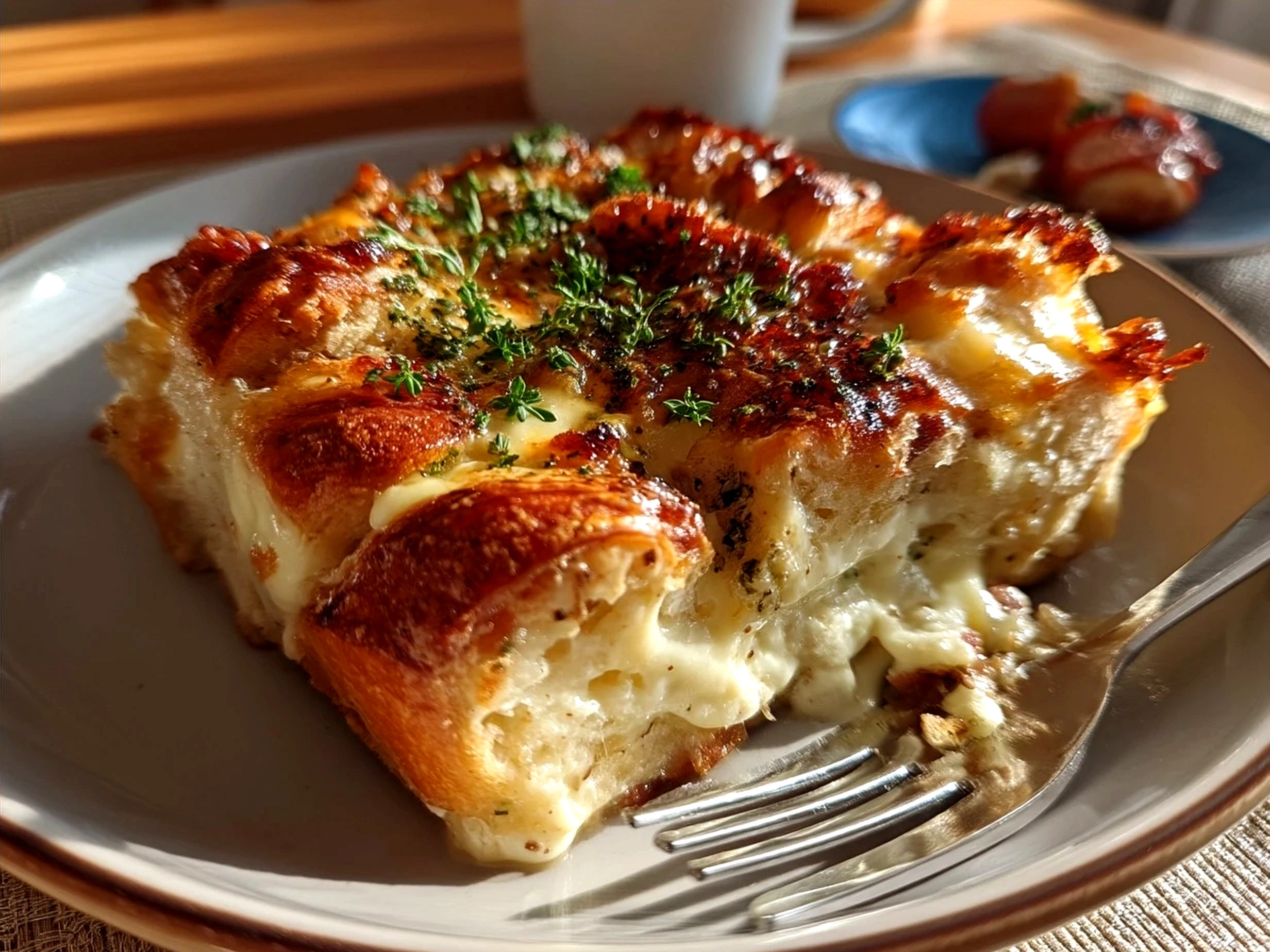 A freshly baked Croissant Bake with melted cheese and garnished with parsley
