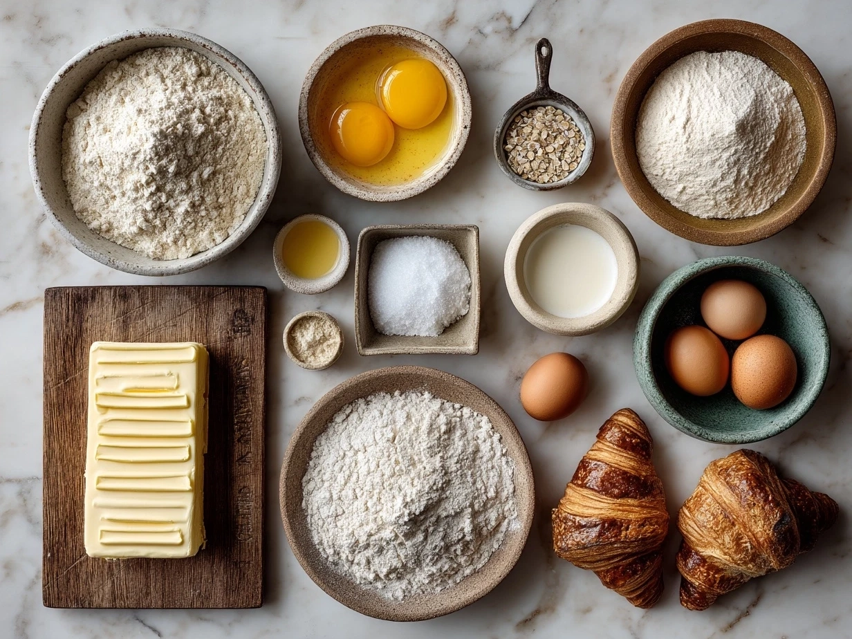 Ingredients for Croissant Bake laid out on a table including croissants, eggs, cheese, ham, spinach, and seasonings
