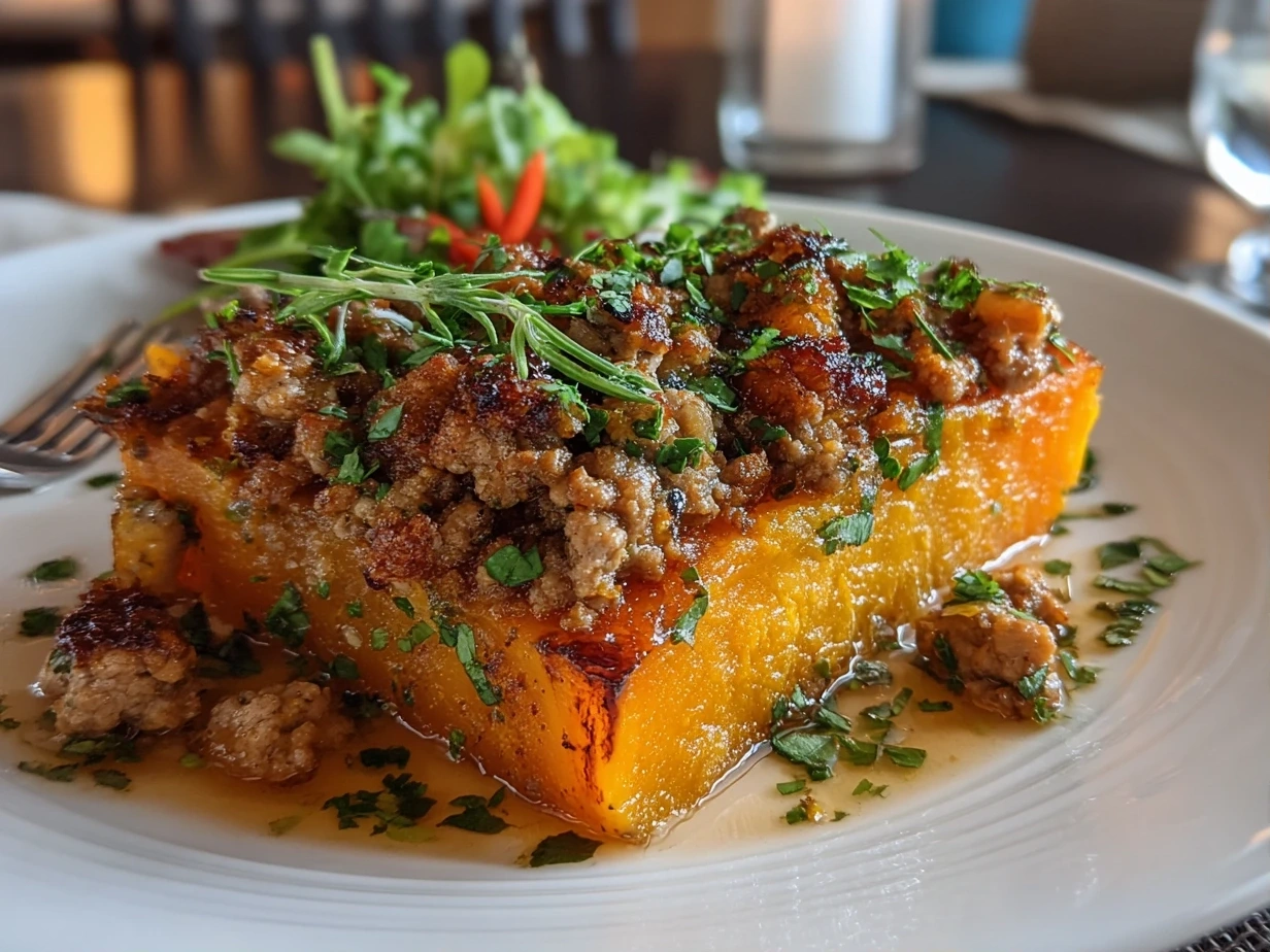 Delicious roasted butternut squash with ground turkey served on white plate