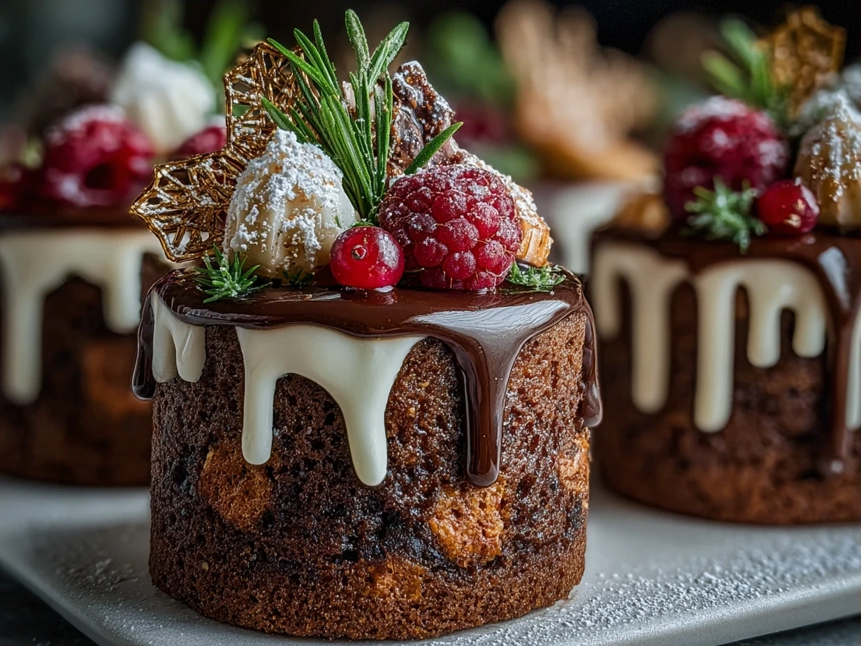 Final plated Festive Mini Christmas Cakes with Ganache ready to serve