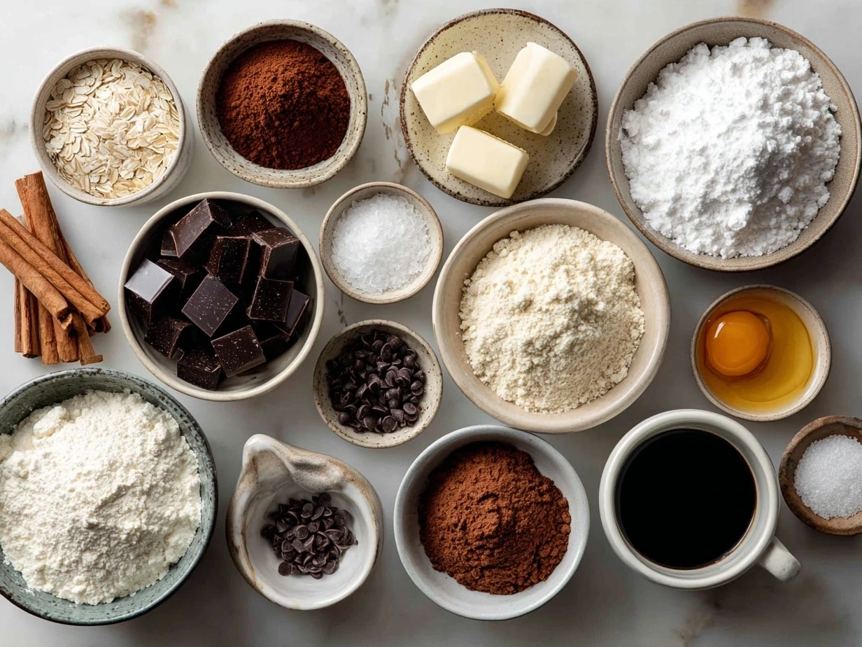 Ingredients for Festive Mini Christmas Cakes with Ganache laid out on a table