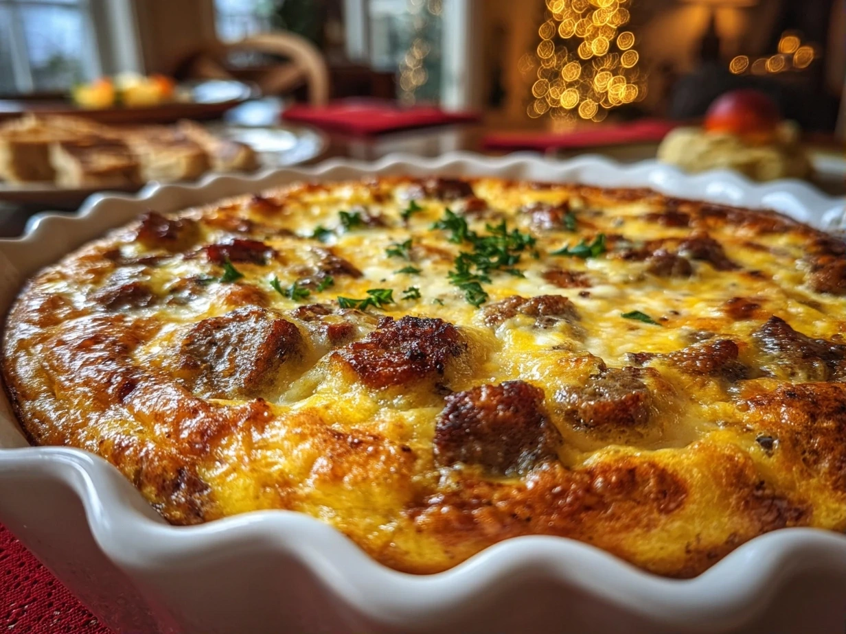 Close-up photo of finished Christmas Breakfast Casserole, golden and cheesy on top