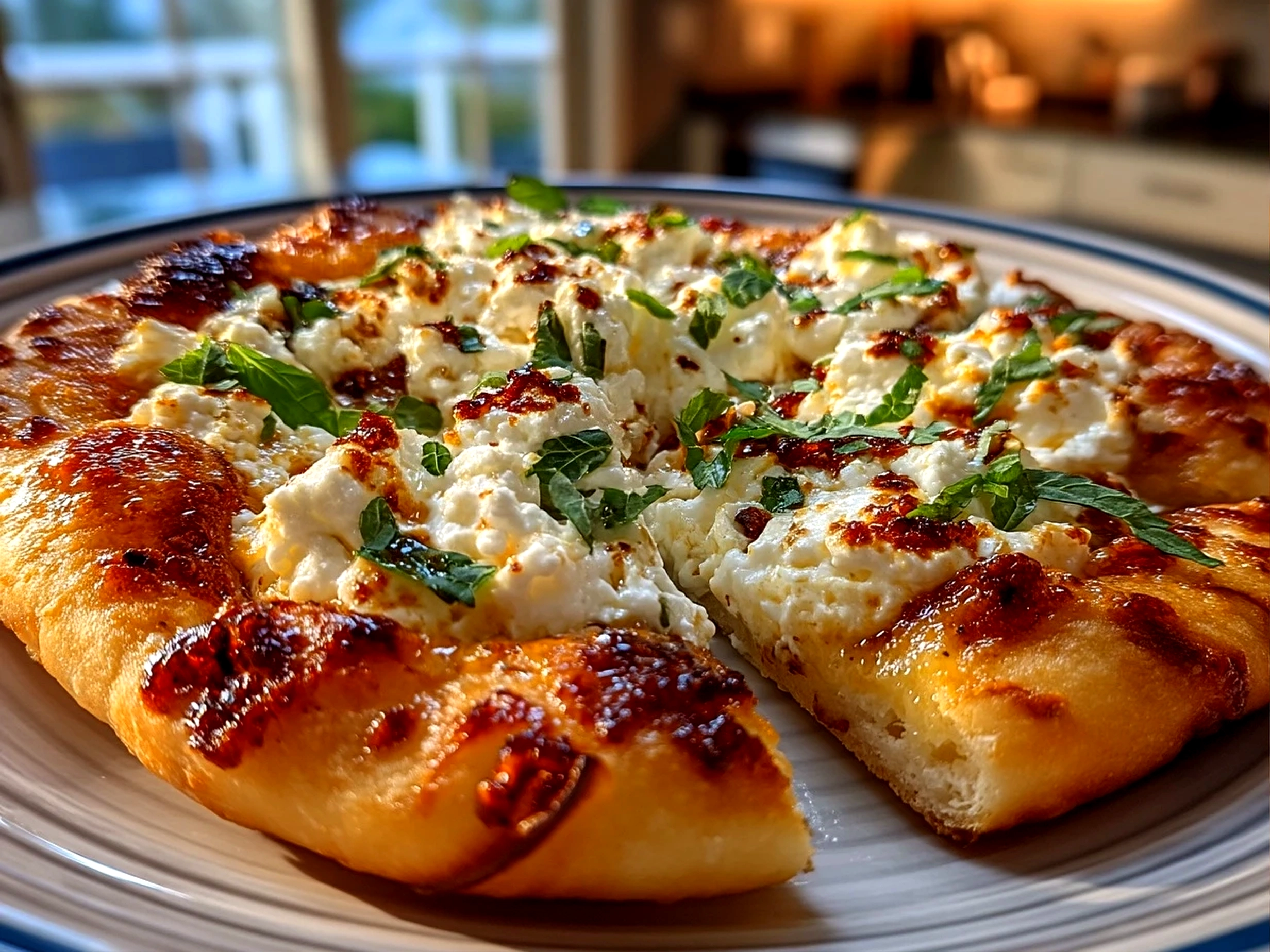 Close-up of finished honey ricotta pizza with fresh herbs
