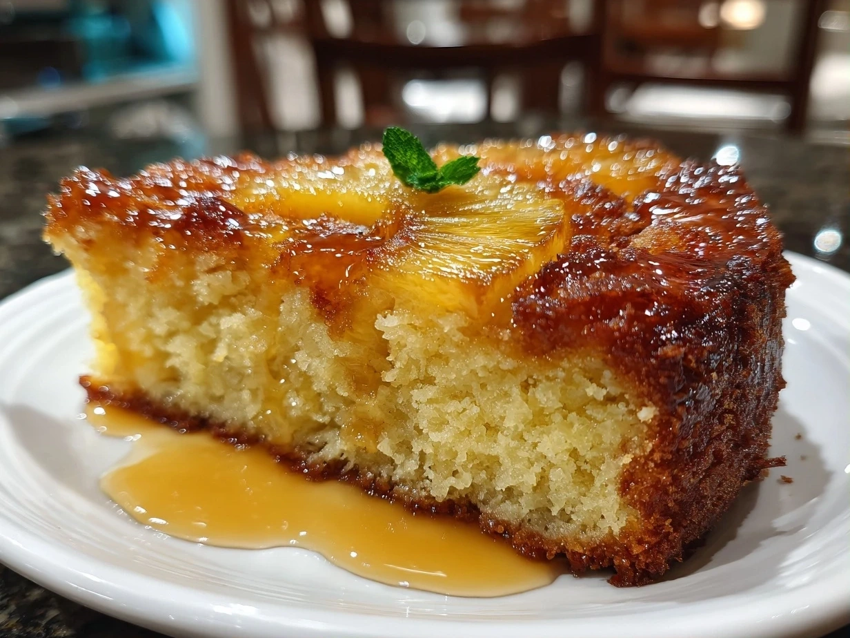 Close-up of a slice of finished Juicy Pineapple Cake showing moist texture and pineapple pieces