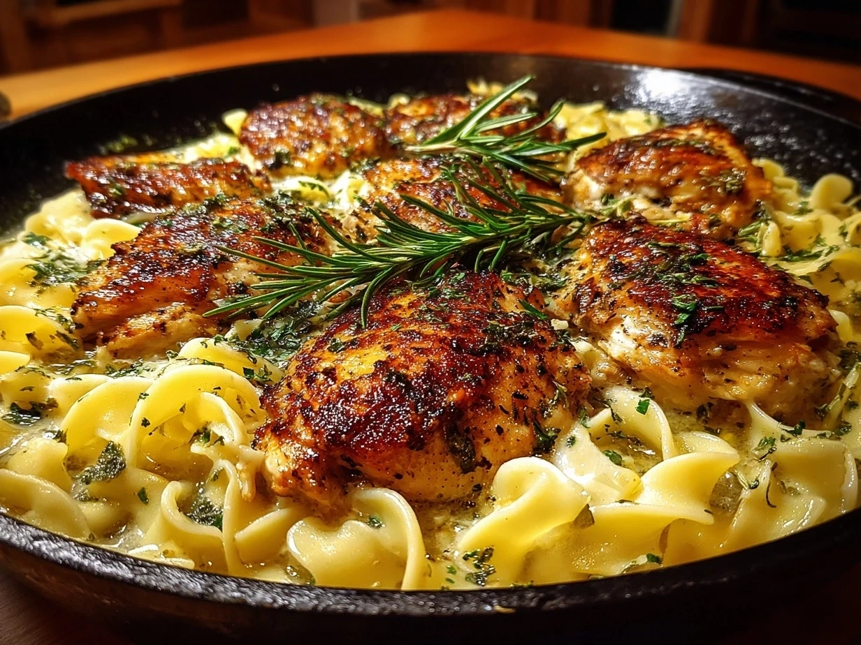 Finished One-Pan Chicken Dinner with Buttered Noodles on a plate, close-up