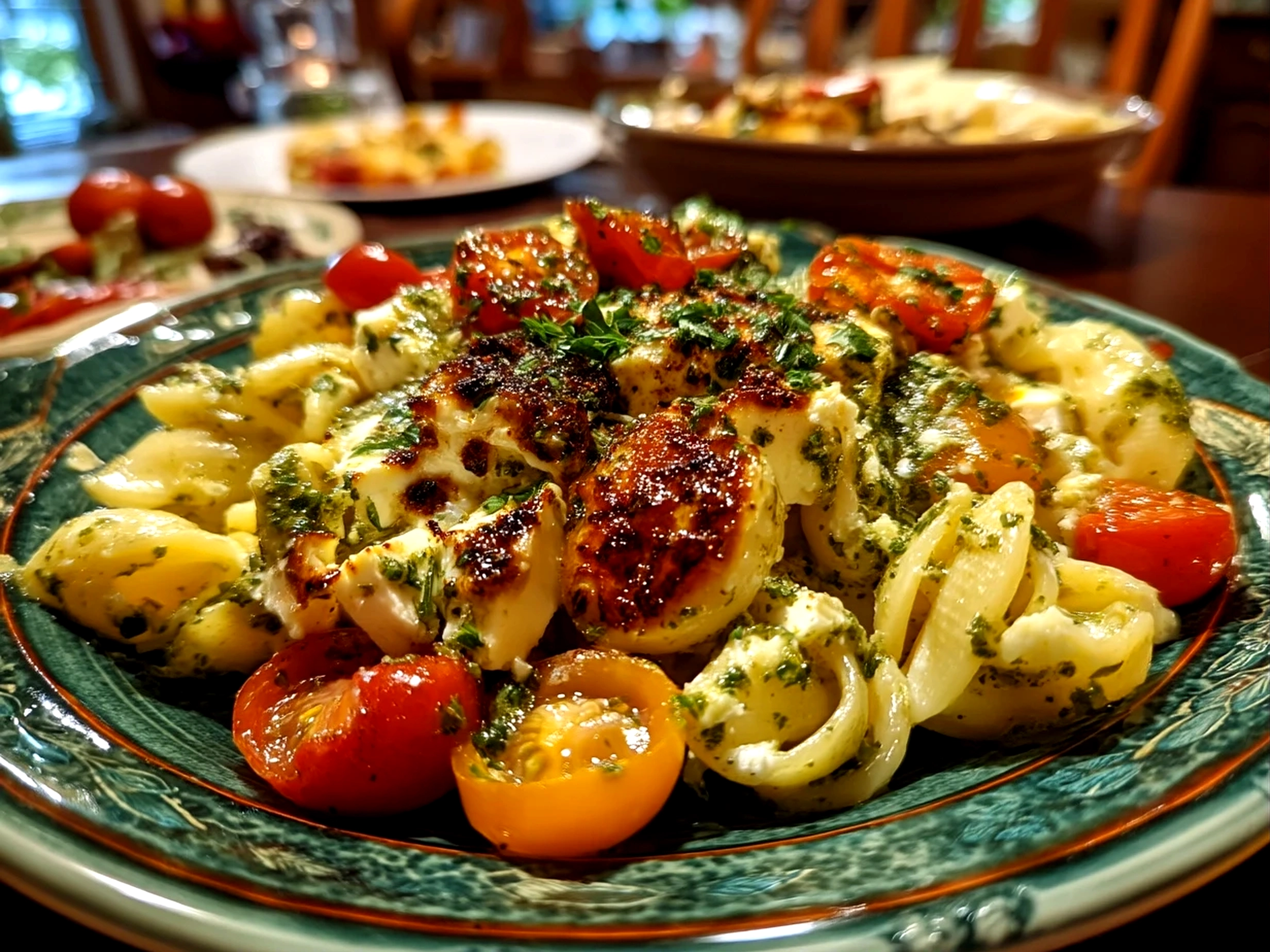 Close up of finished delicious TikTok Baked Feta Pasta with Pesto with fresh vibrant herbs