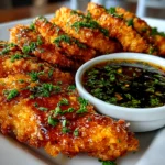 Food blogger, taken with iPhone 14. Close-up slight angle of freshly prepared crispy chicken tenders with dipping sauce on white plate. Mouthwatering --ar 4:3 --style raw --s 235