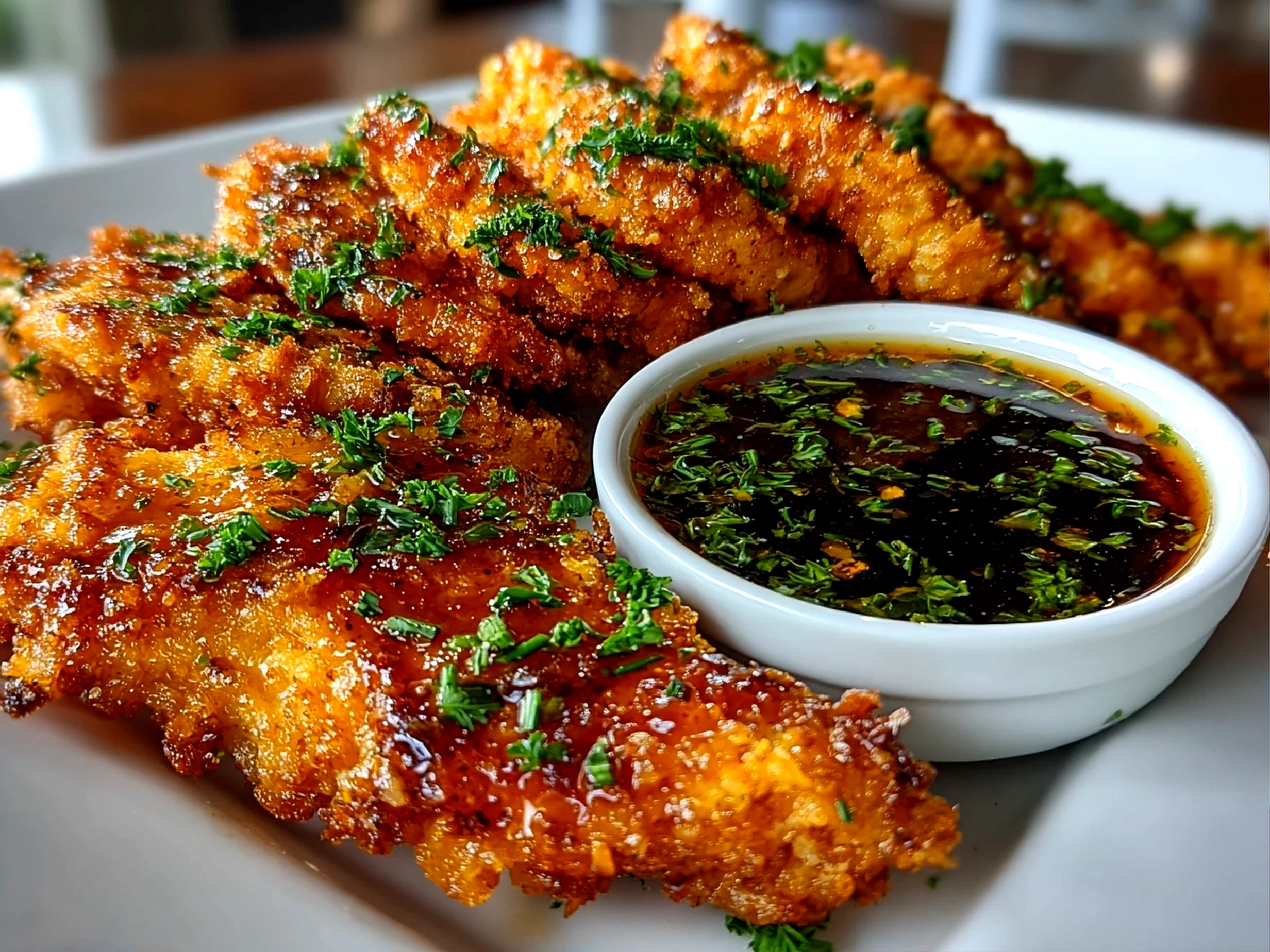 Food blogger, taken with iPhone 14. Close-up slight angle of freshly prepared crispy chicken tenders with dipping sauce on white plate. Mouthwatering --ar 4:3 --style raw --s 235