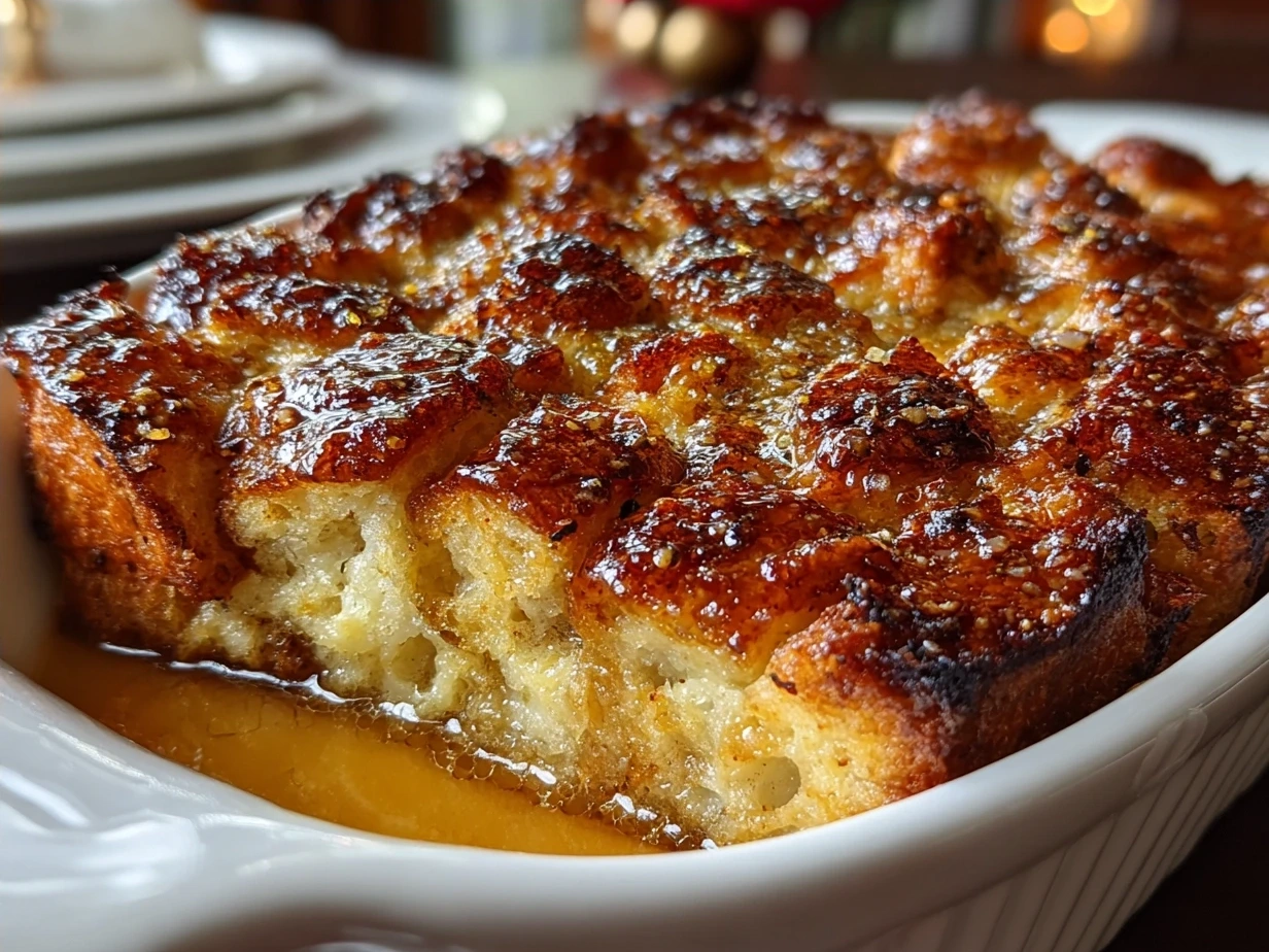 Freshly baked golden French Toast Casserole served on a white platter with berries