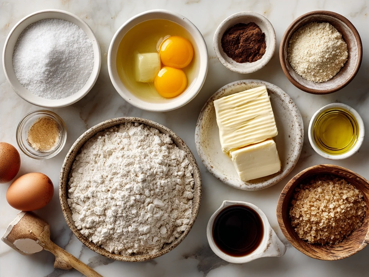 Ingredients for French Toast Casserole displayed in bowls and measuring cups