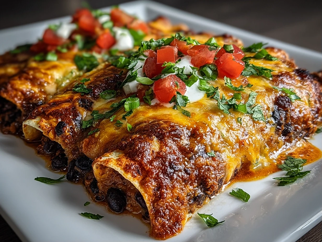 Freshly prepared Ground Turkey Black Bean Enchiladas plated
