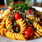 Freshly prepared ground turkey pasta on white plate