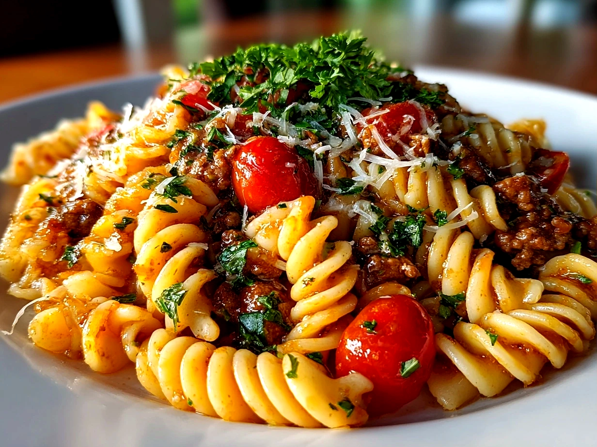 Freshly prepared ground turkey pasta on white plate