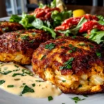 Freshly prepared Maryland crab cakes on white plate