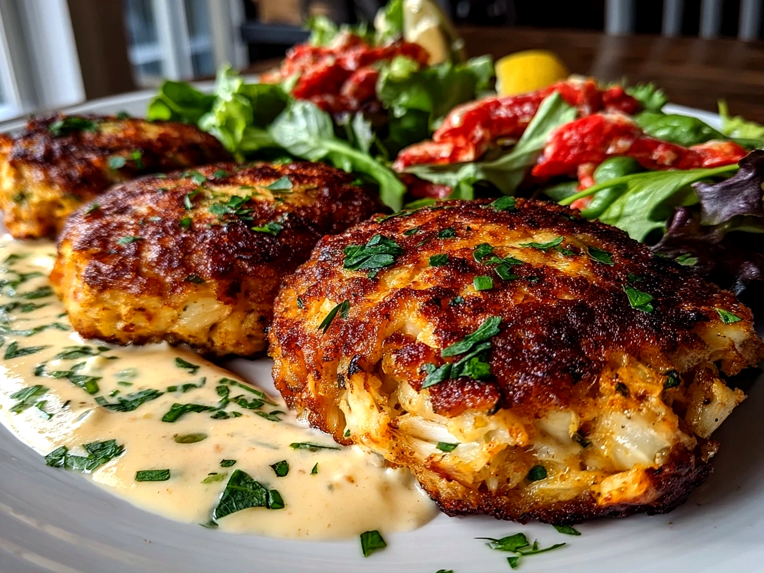 Freshly prepared Maryland crab cakes on white plate