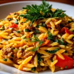 Freshly prepared One-Pot Ground Turkey Orzo on white plate