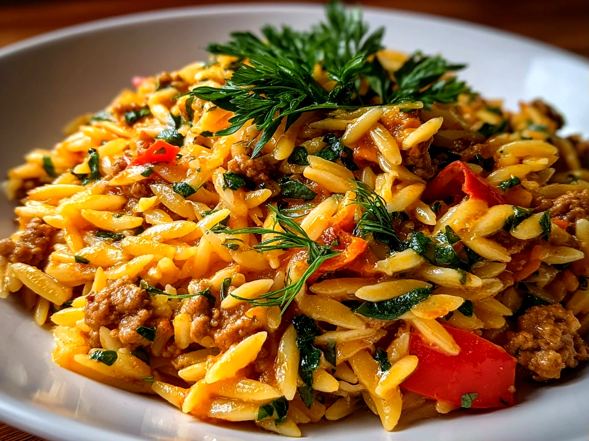 Freshly prepared One-Pot Ground Turkey Orzo on white plate