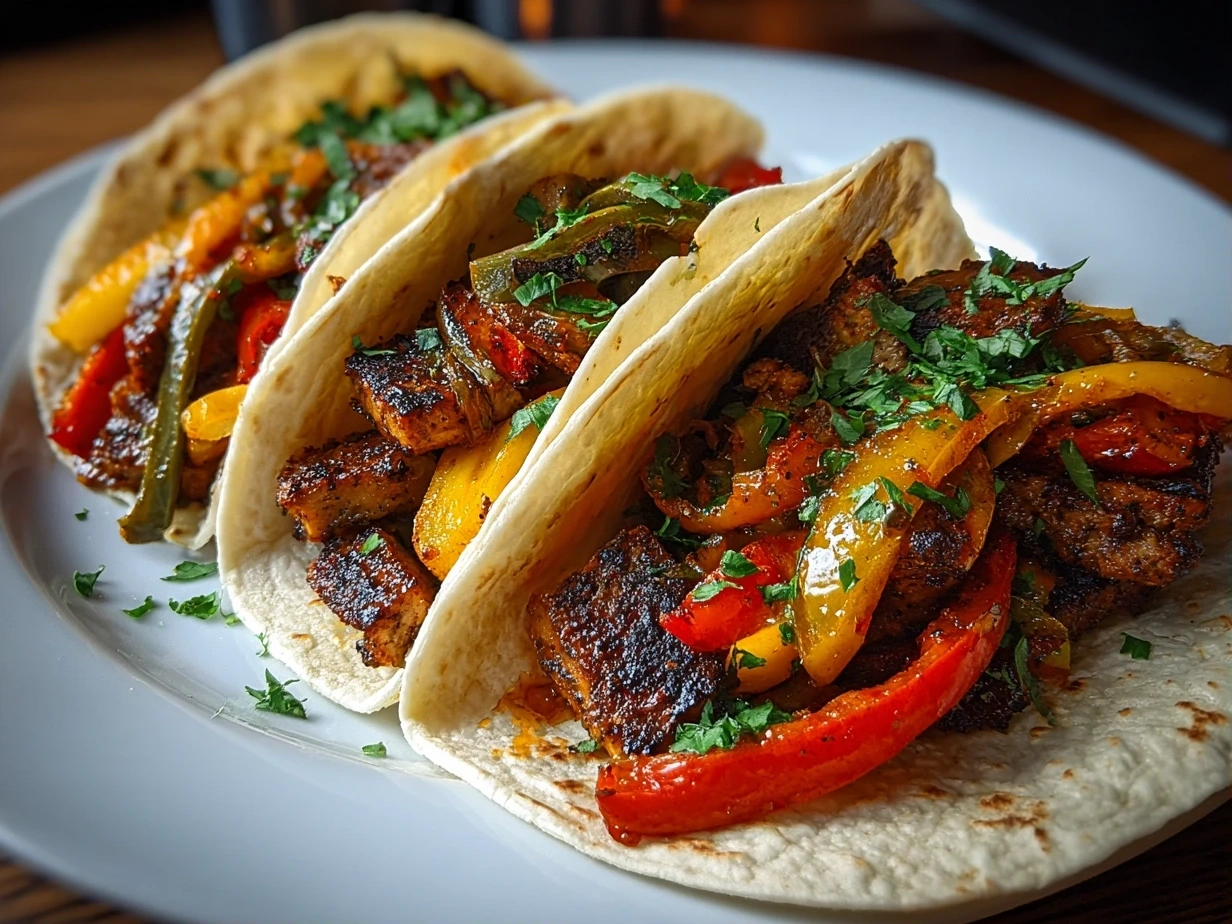 Freshly prepared vegan fajitas on white plate