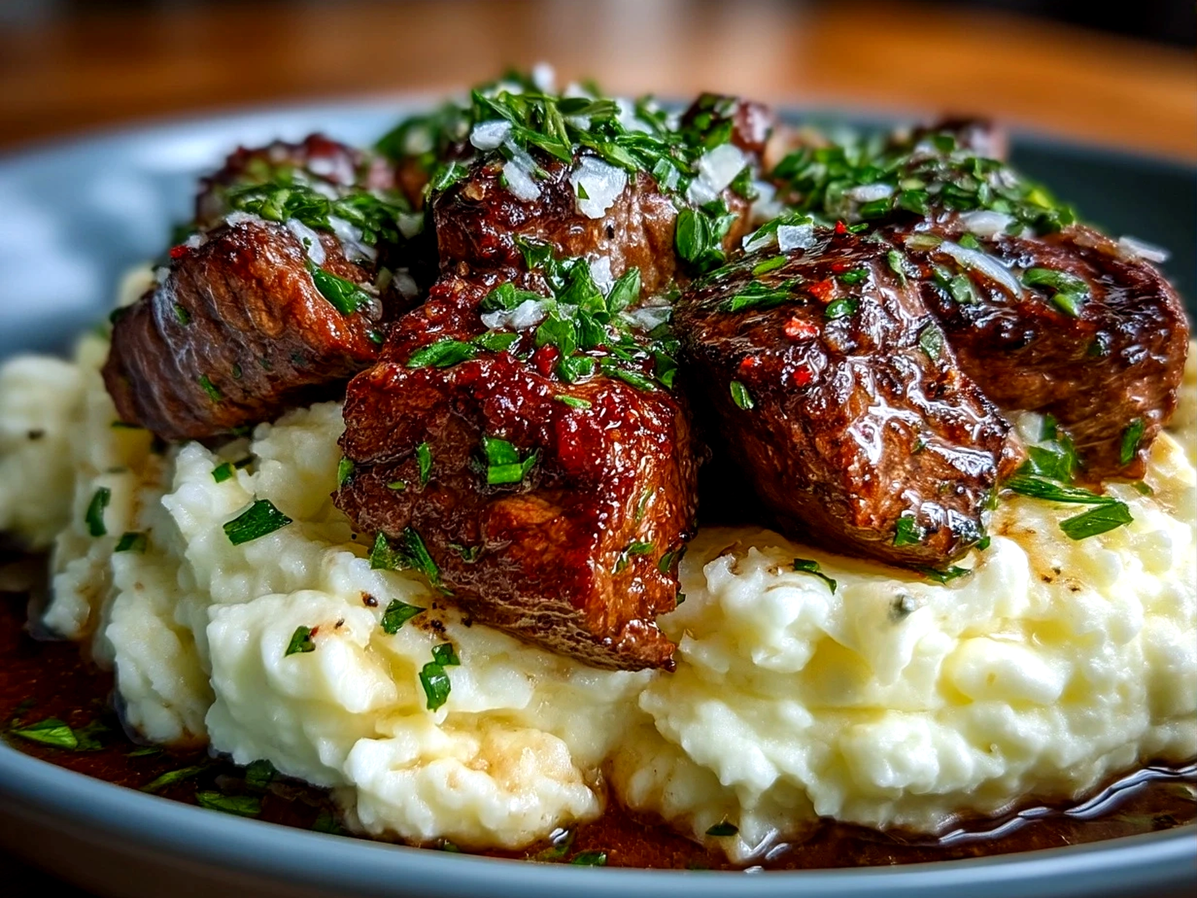 Plated Garlic Butter Beef Bites with Creamy Mashed Potatoes garnished and ready to serve