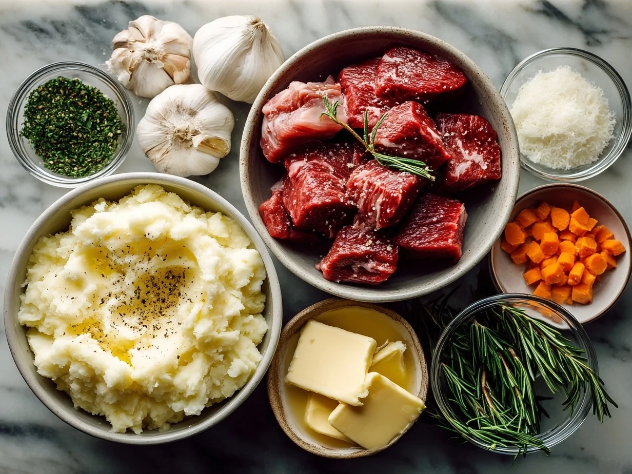 Ingredients for Garlic Butter Beef Bites with Creamy Mashed Potatoes including steak, garlic, butter, potatoes, milk, and seasonings