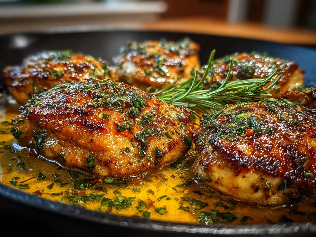 Final Garlic Butter Chicken Thigh Skillet plated with fresh parsley garnish
