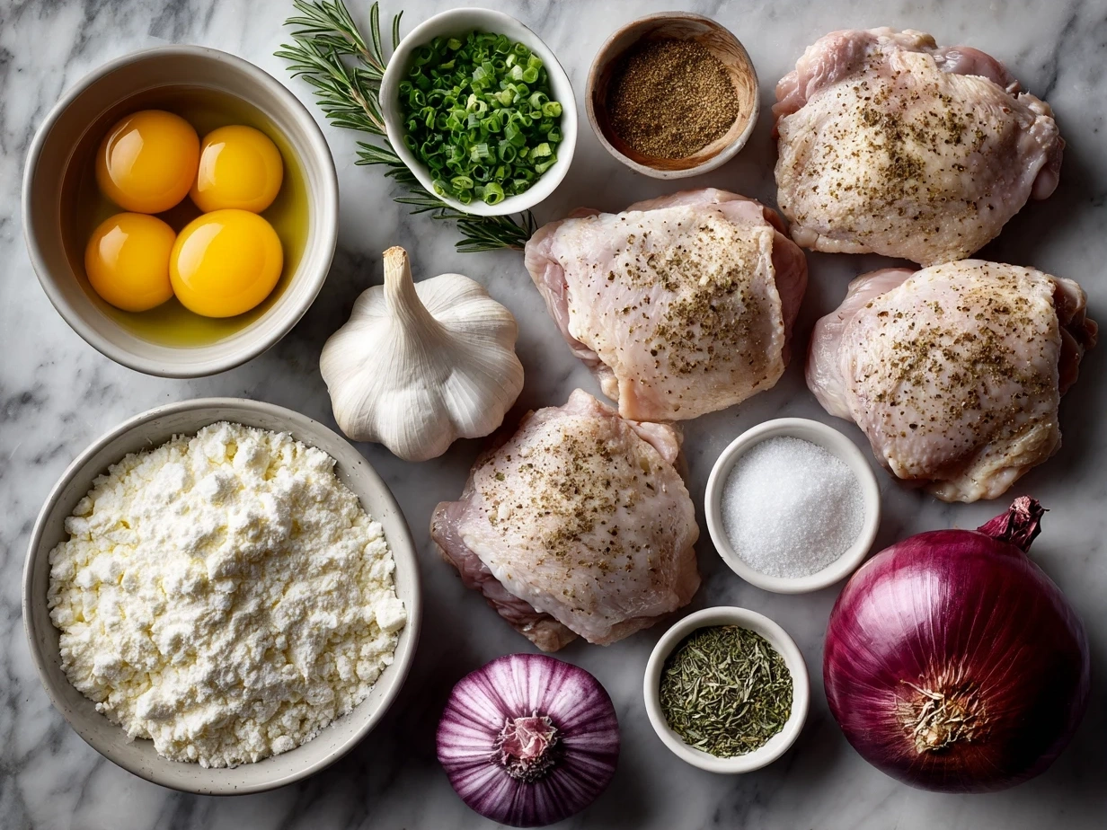 Ingredients for Garlic Butter Chicken Thigh Skillet including chicken thighs, butter, garlic, herbs and chicken broth