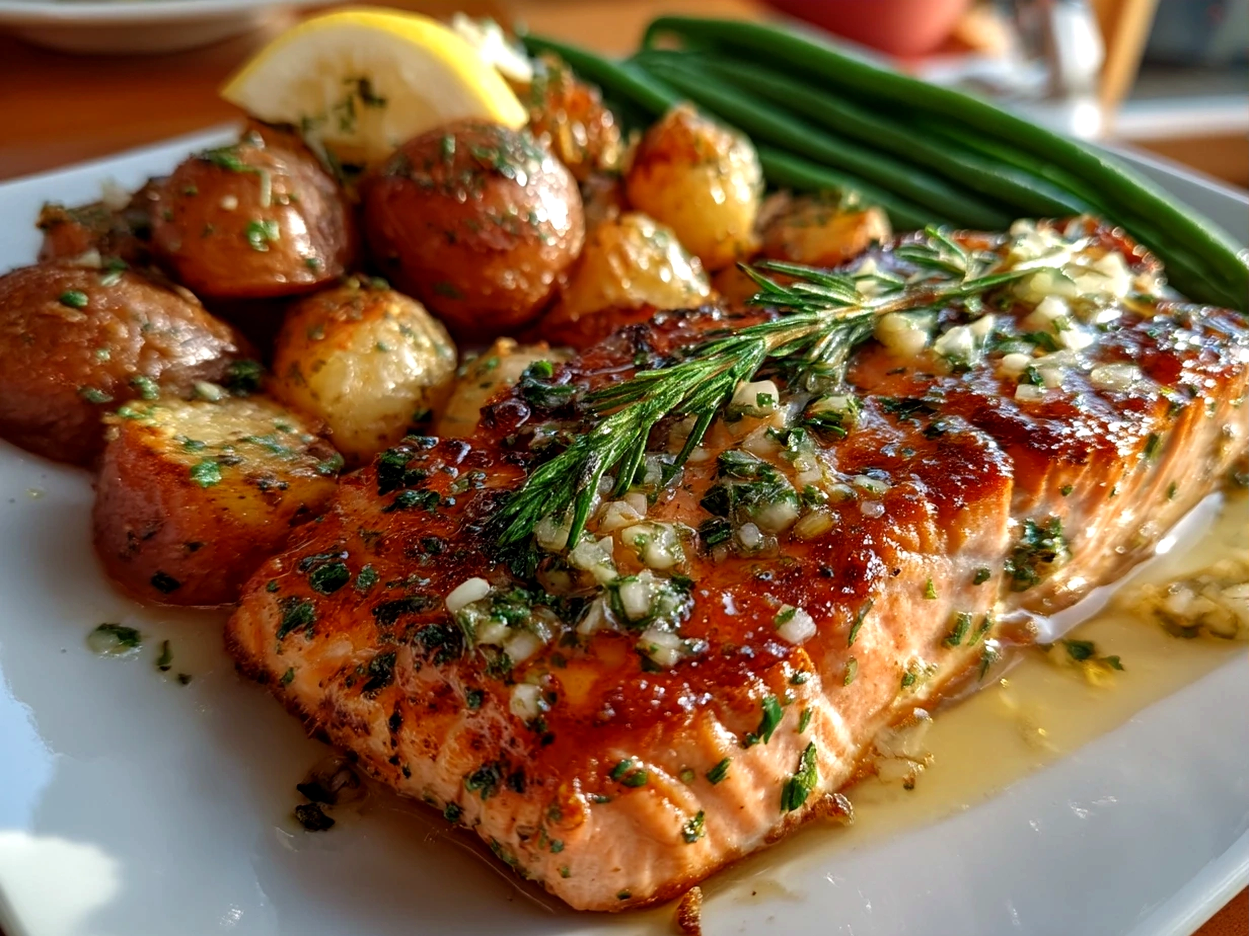 Garlic Butter Lemon Salmon plated with rice and green vegetables