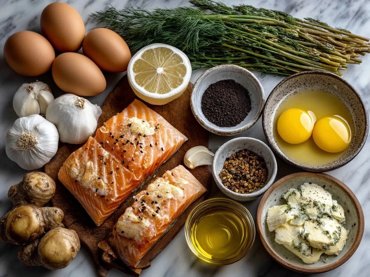 Ingredients for Garlic Butter Lemon Salmon including salmon fillets, butter, garlic, lemon, and parsley