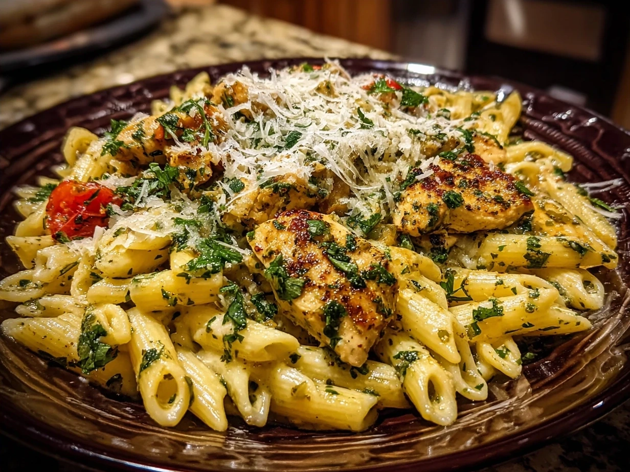 Final plated garlic Parmesan chicken pasta garnished with parsley