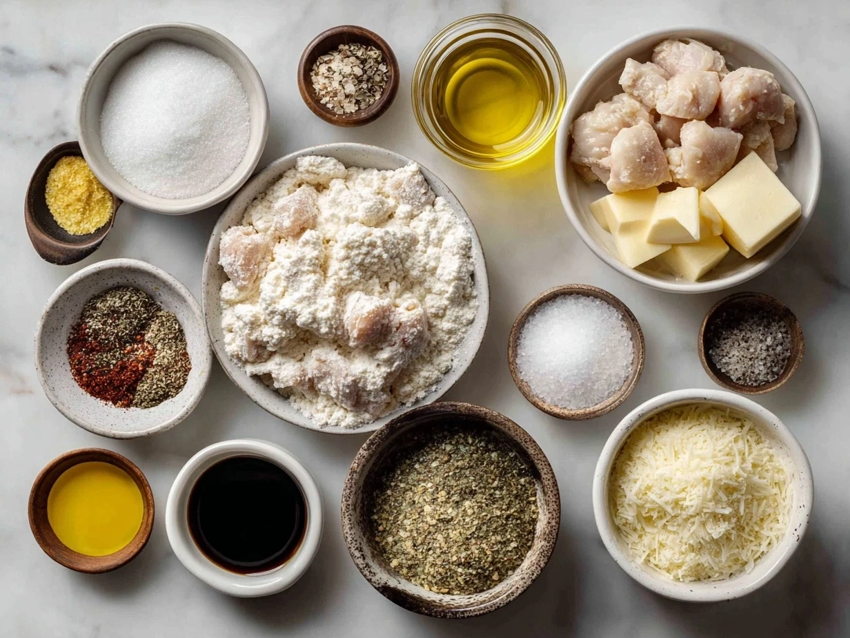 Ingredients for garlic Parmesan chicken pasta laid out including chicken, pasta, butter, garlic, cream, Parmesan cheese, Italian seasoning, and parsley