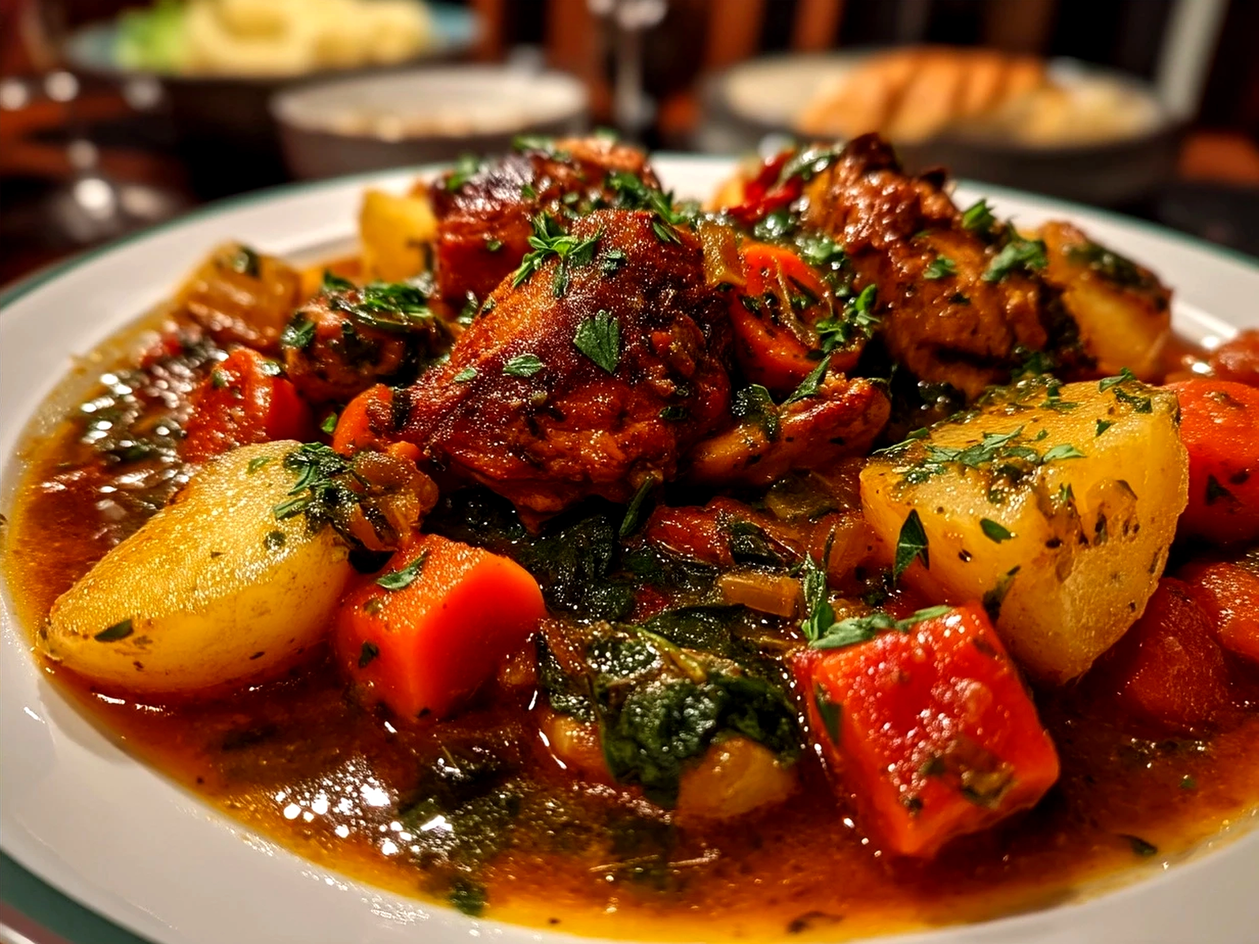 Serving garlic parmesan chicken stew with crusty bread and a fresh side salad