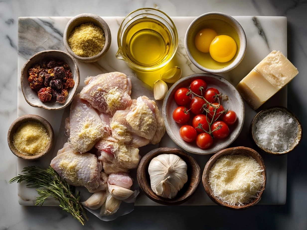 Ingredients for garlic parmesan chicken stew, including chicken, garlic, carrots, celery, onion, parmesan cheese, and spices