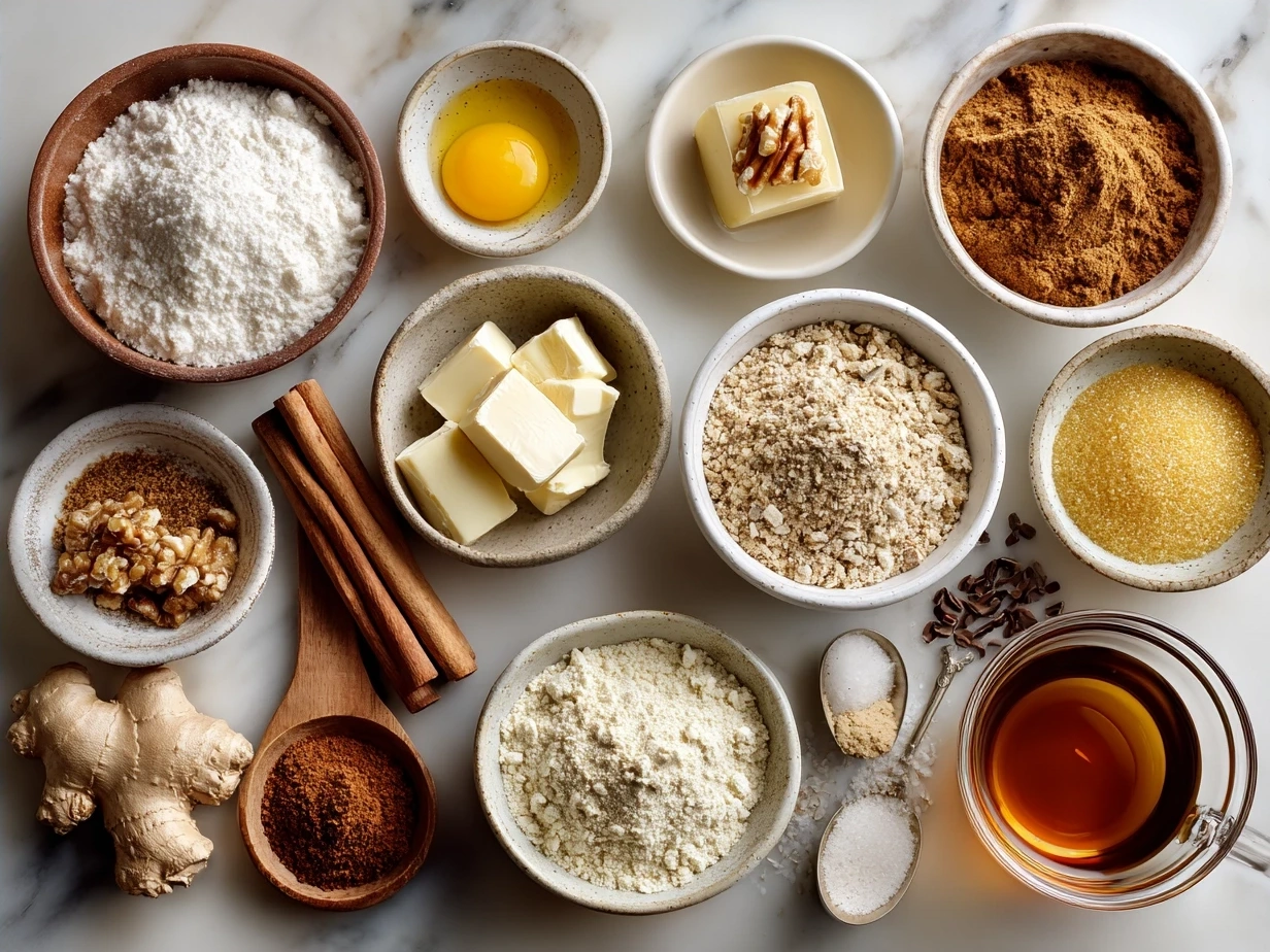 Ingredients for Ginger-Spiced Apple Holiday Bake laid out on a table