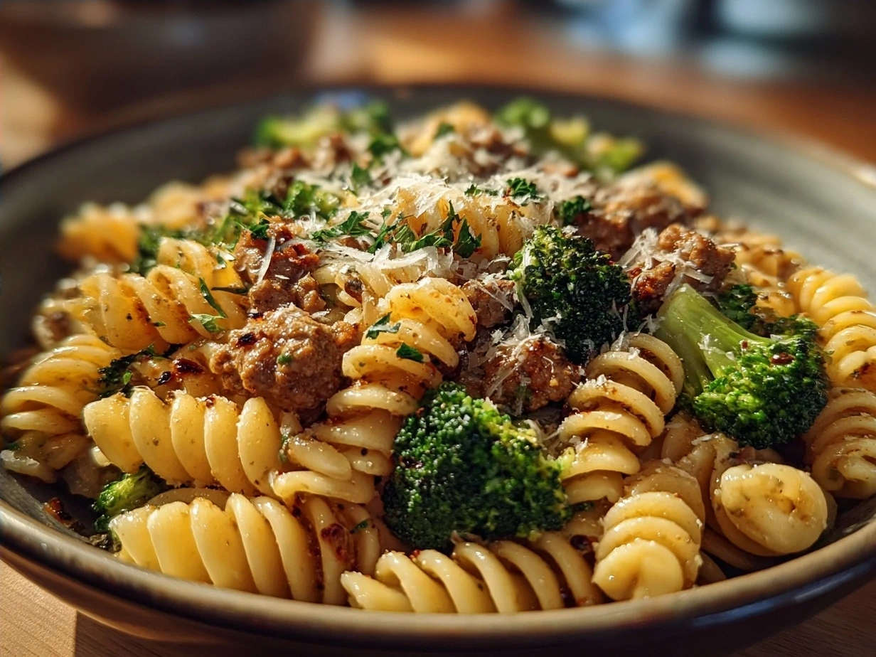 Finished Ground Turkey Broccoli Pasta plated and ready to serve
