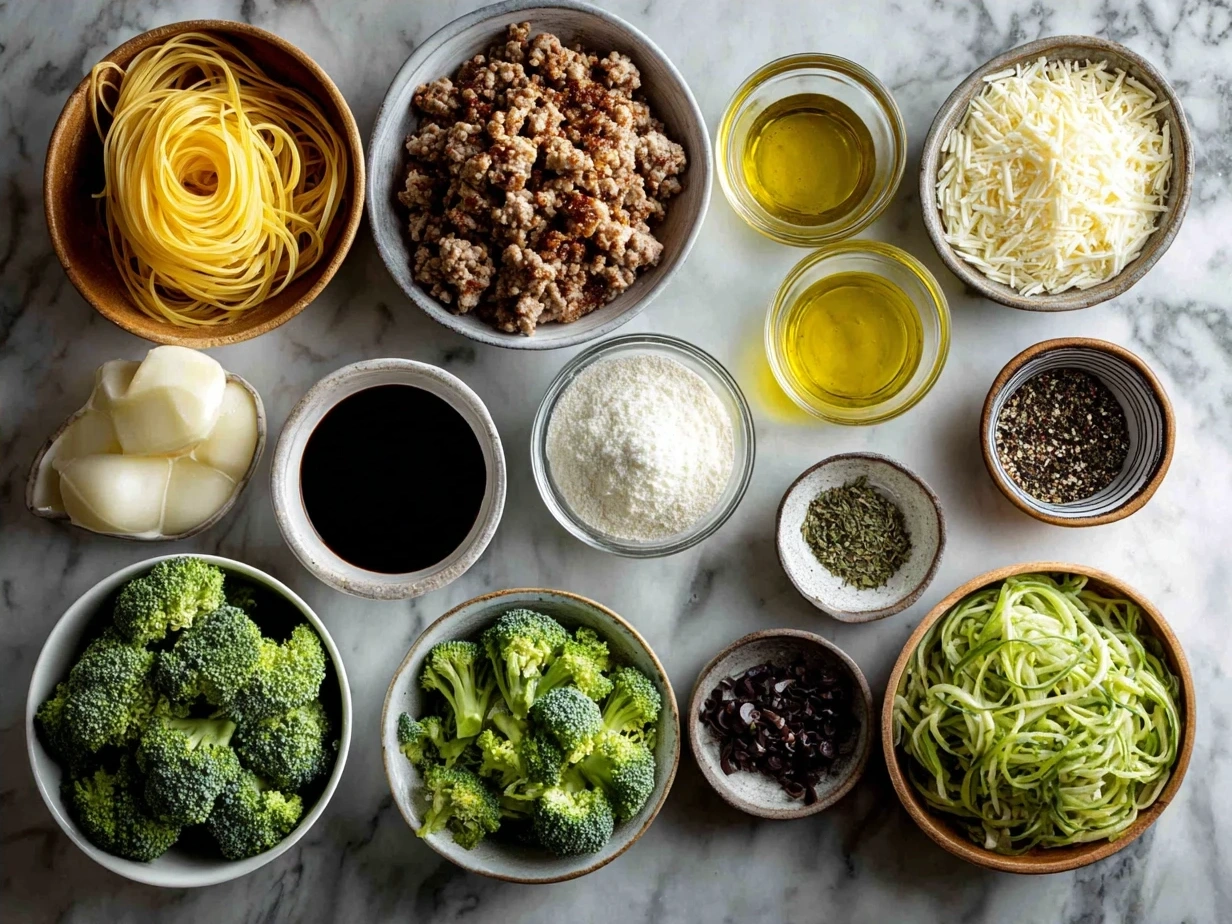 Ingredients for Ground Turkey Broccoli Pasta including pasta, ground turkey, broccoli, garlic, and cheese