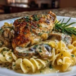 Home cook, iPhone 14 Pro. Close-up slight angle of comforting One-Pan Chicken Dinner with Buttered Noodles on white plate.