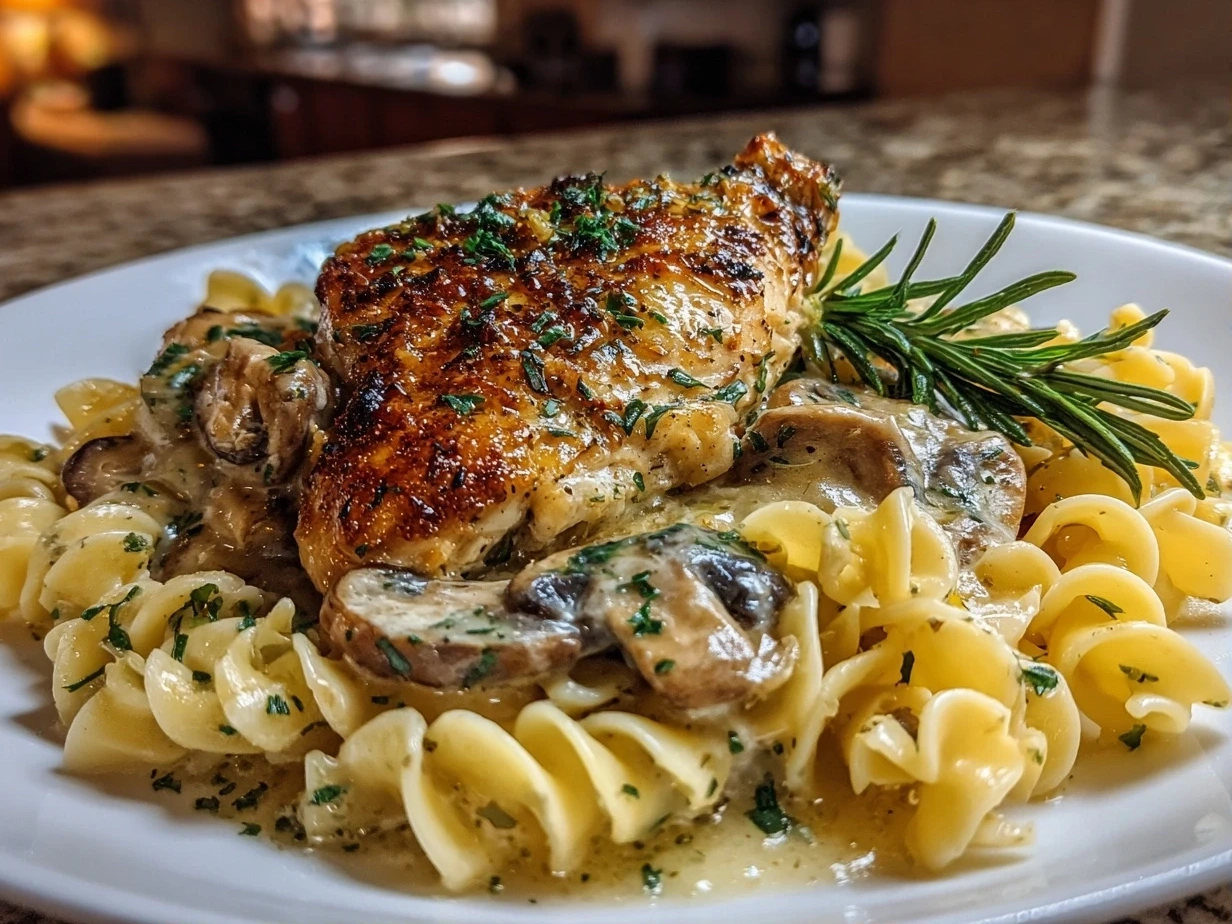 Home cook, iPhone 14 Pro. Close-up slight angle of comforting One-Pan Chicken Dinner with Buttered Noodles on white plate.