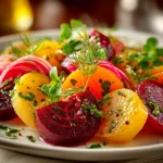 Home cook, iPhone 14. Close-up slight angle of freshly prepared beet salad on white plate. Fresh vibrant --ar 4:3 --style raw --s 230